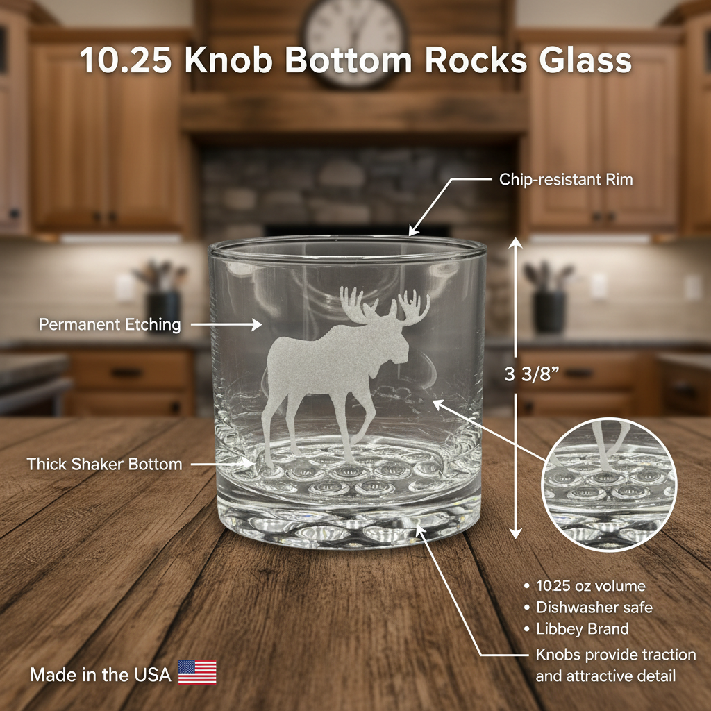 10.25 oz Moose Etched Knob Rocks Glass - Cabin Kitchen