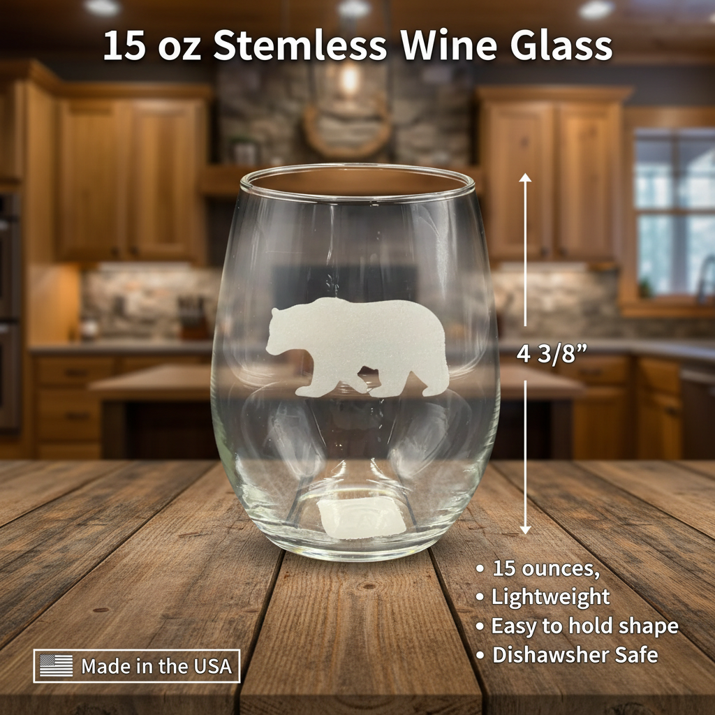 15 oz Bear Etched Stemless Wine Glass - Cabin Kitchen