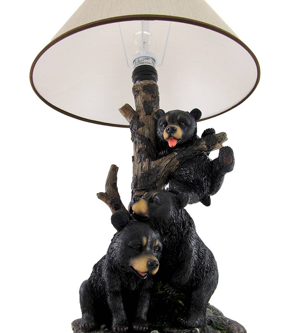 Black Bear Family Table Lamp W/ Tree Bark Print Shade