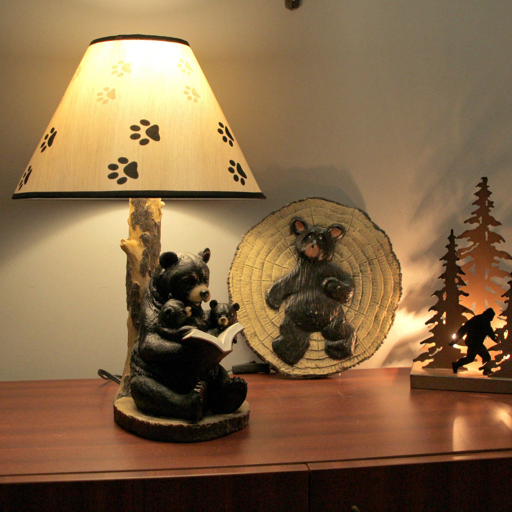 Black Bear Reading to Curious Cubs Table Lamp W/ Shade