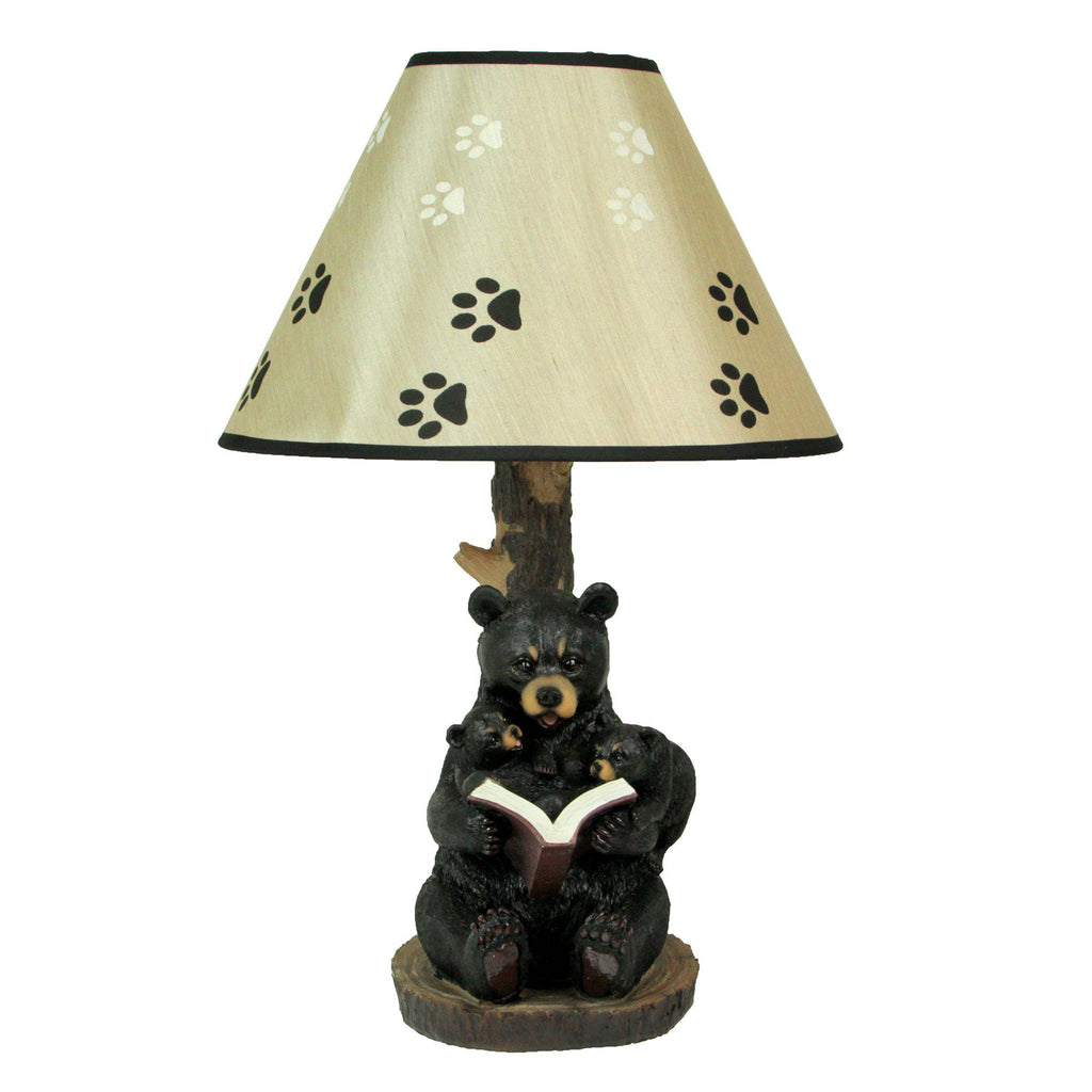 Black Bear Reading to Curious Cubs Table Lamp W/ Shade