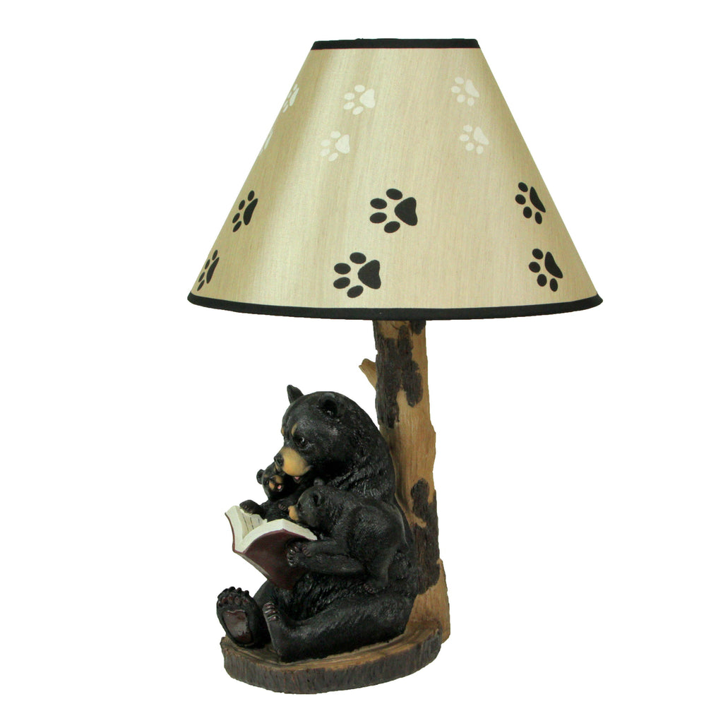 Black Bear Reading to Curious Cubs Table Lamp W/ Shade