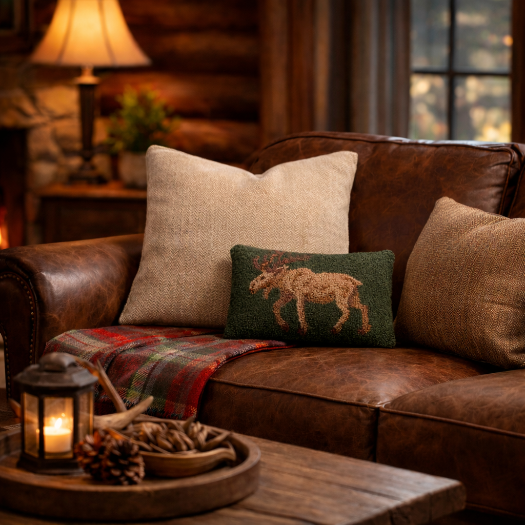 Handcrafted Moose Wool Hooked Decor Pillow 8x12