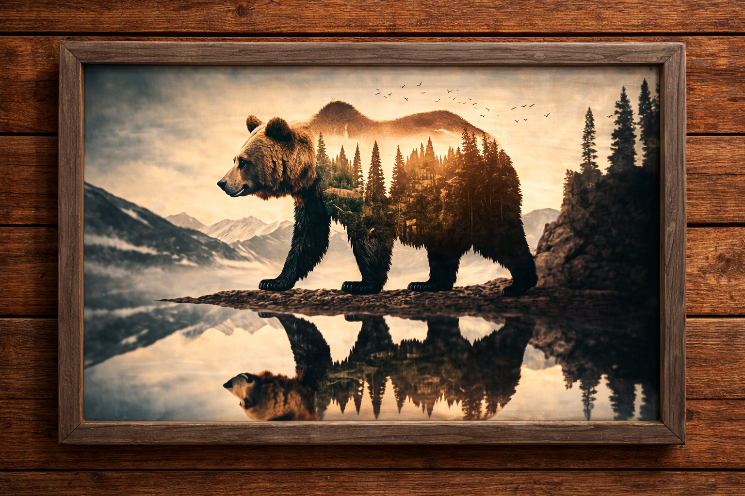 Bear Double Exposure Canvas Wood Framed Wall Art
