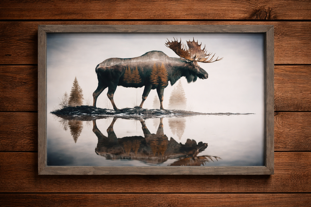 Moose Double Exposure Canvas Wood Framed Wall Art