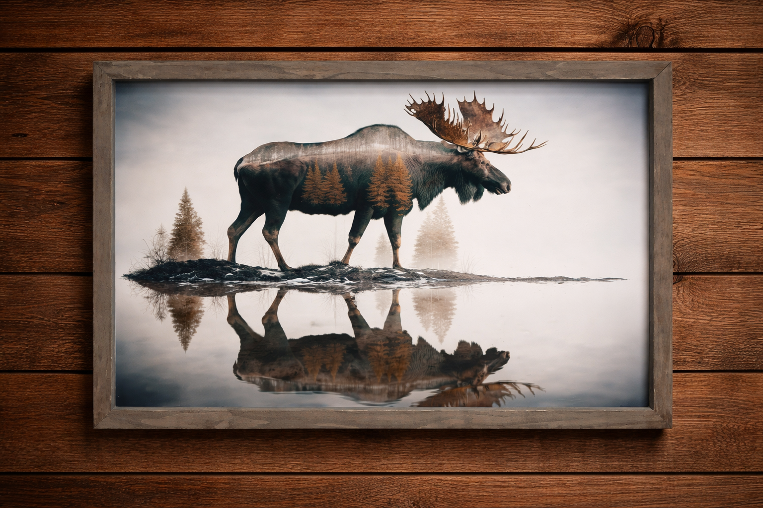 Moose Double Exposure Canvas Wood Framed Wall Art