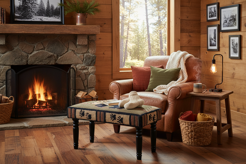 Adirondack bear hooked footstool in cabin living room
