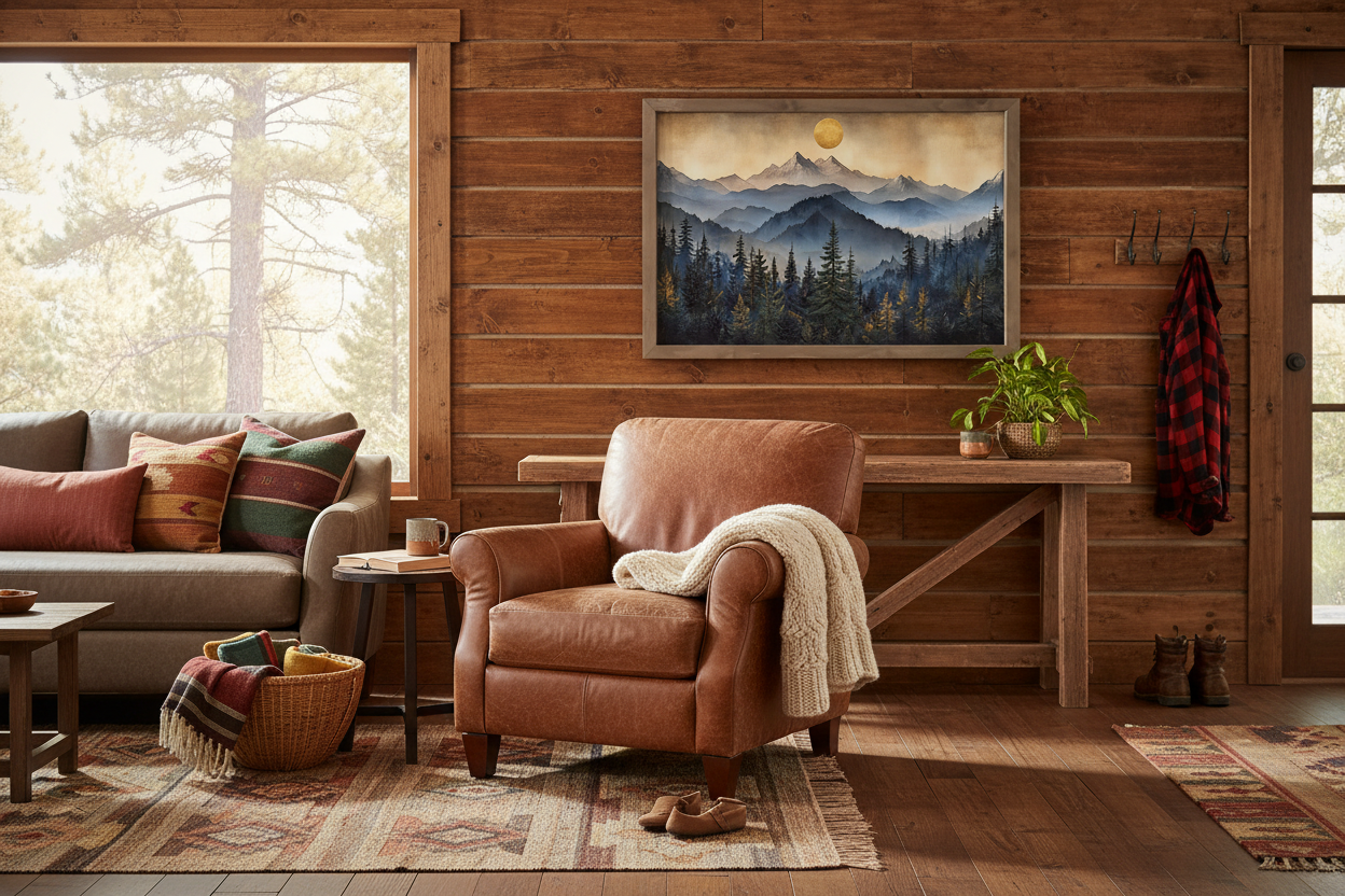 Balanced lived-in cabin with mountain art