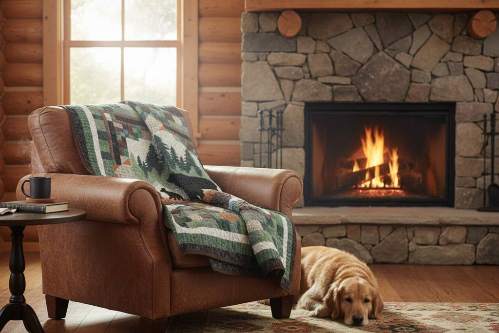 Bear Cabin in the Pines Boho Decorative Quilt Throw Blanket