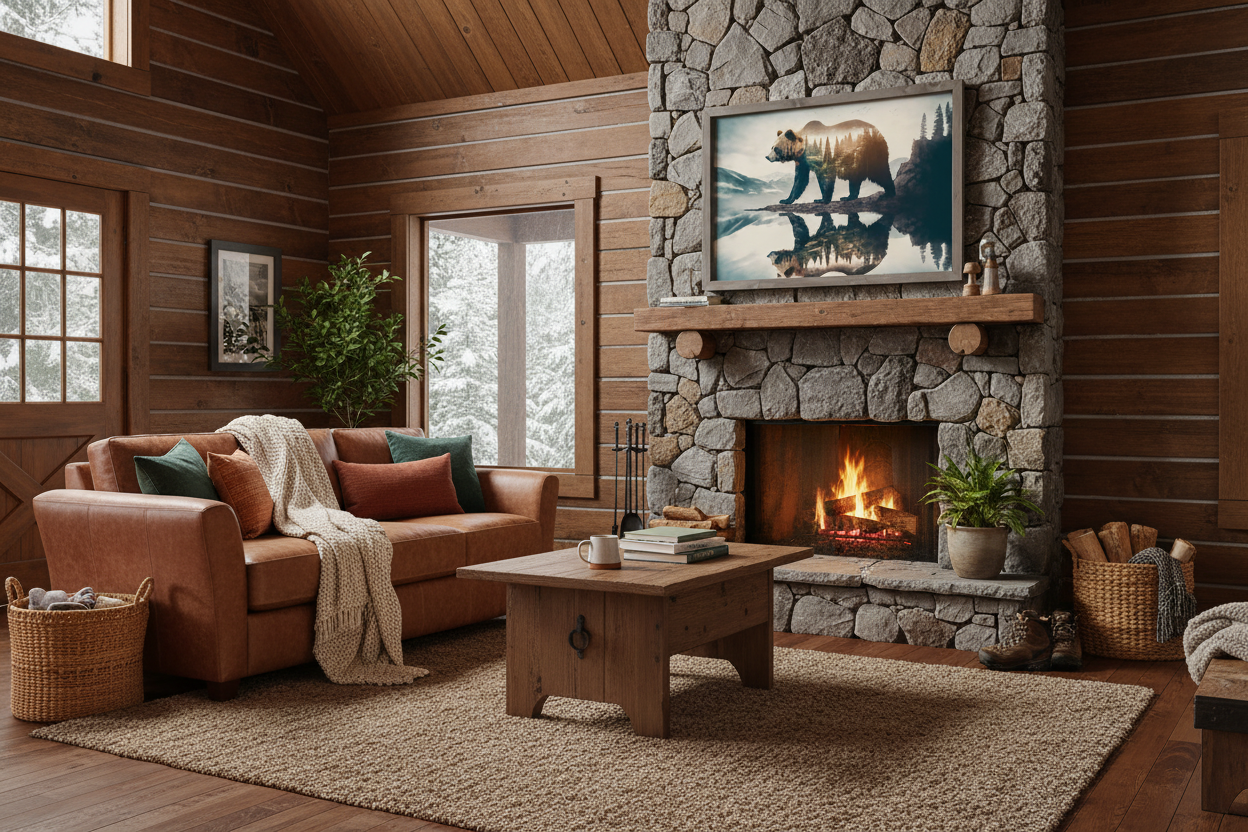 Bear art above cabin fireplace