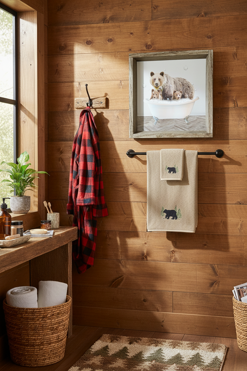Bear art and towel in lived-in cabin bathroom