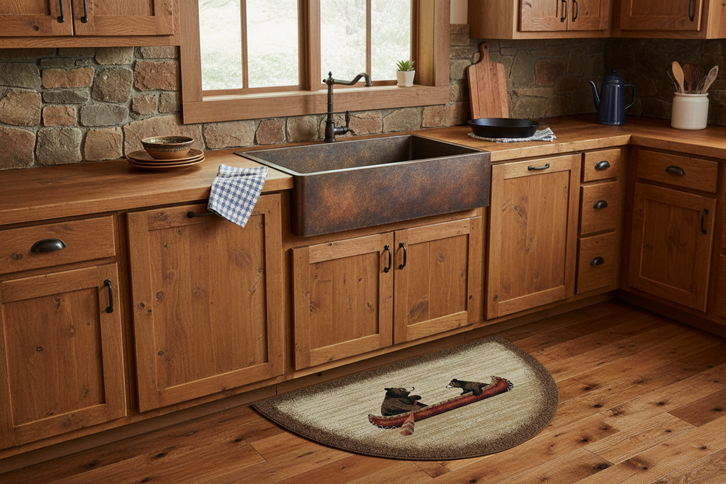 Bear canoe rug with rustic cabin sink