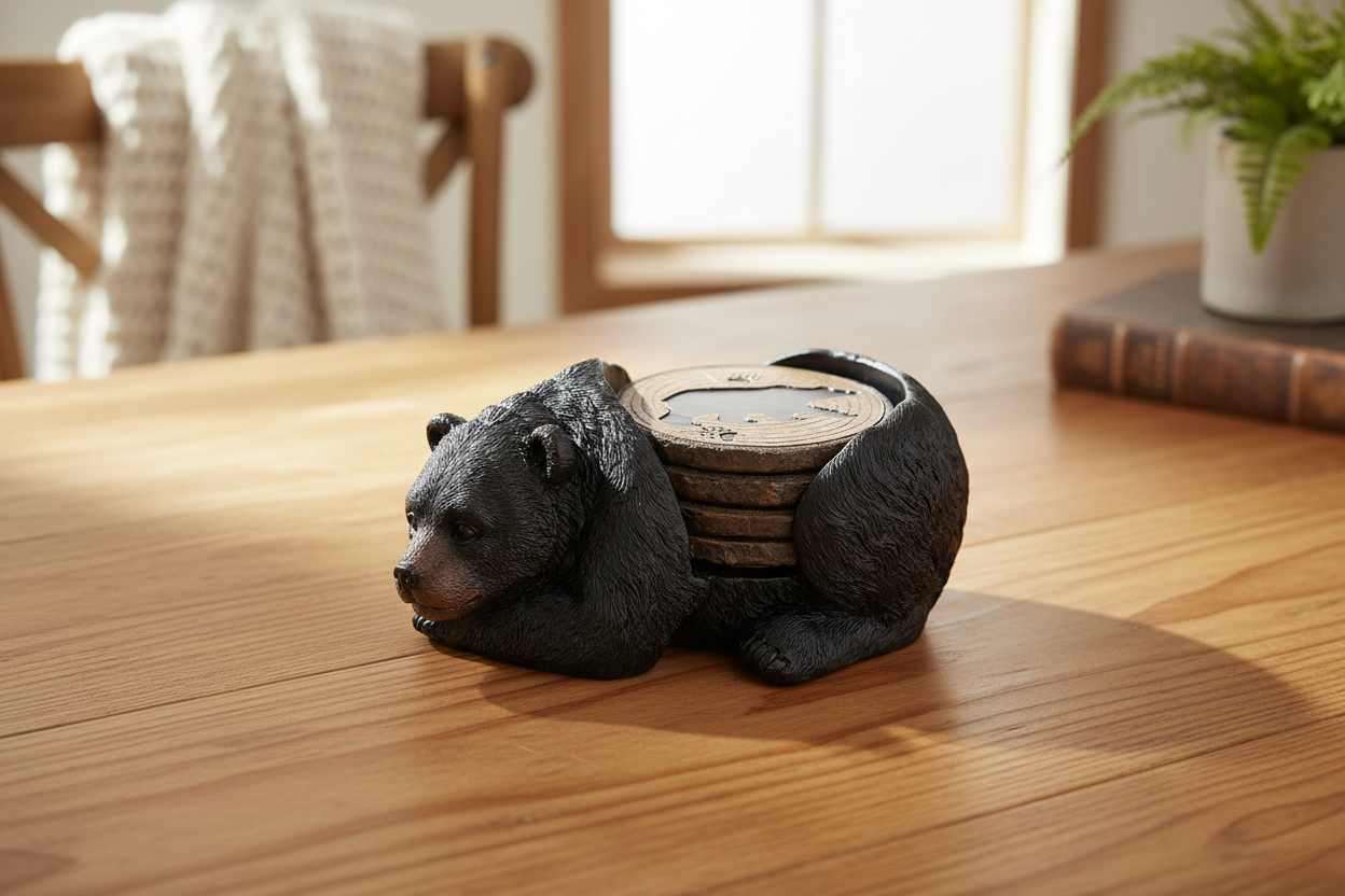 Bear coaster holder on pine table