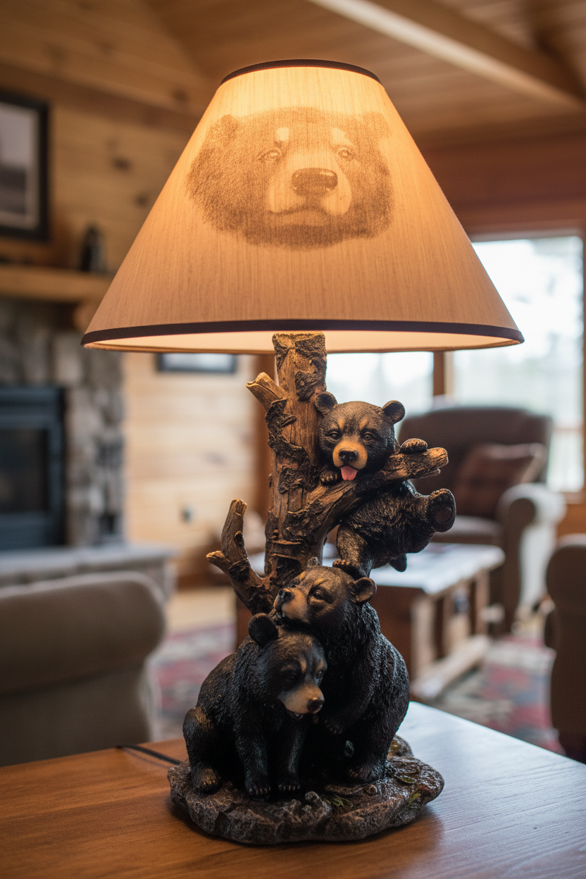 Bear cubs lamp close-up with cabin background