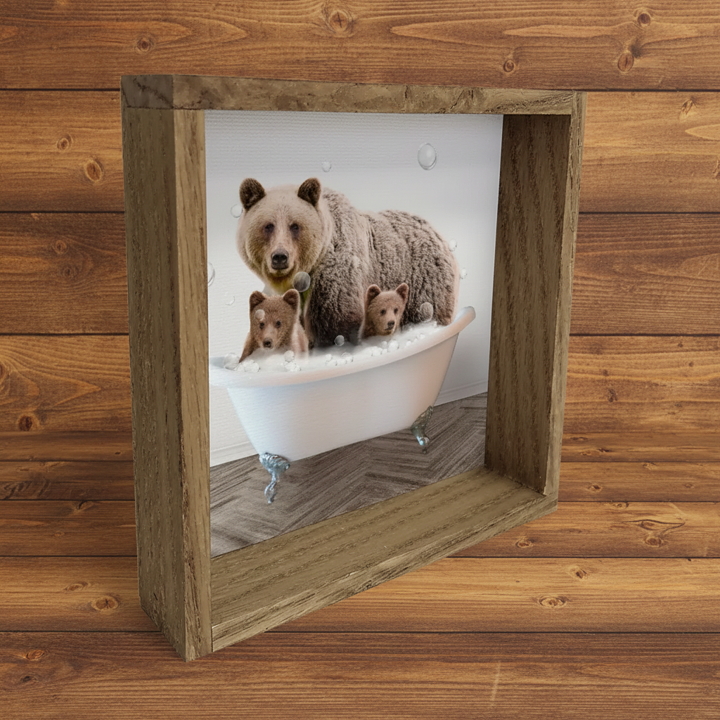 Bear family art on rustic wood background