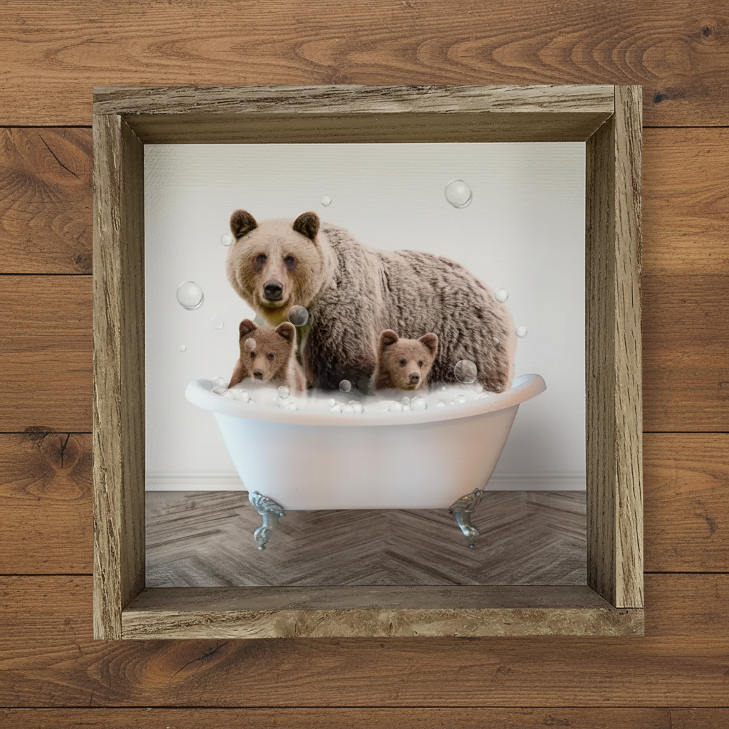 Bear family art on warm cabin wood wall