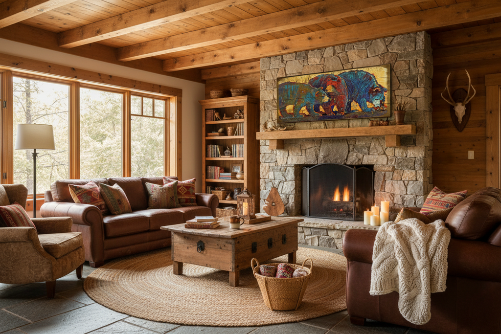 Bear Family Artwork in Warm Rustic Cabin