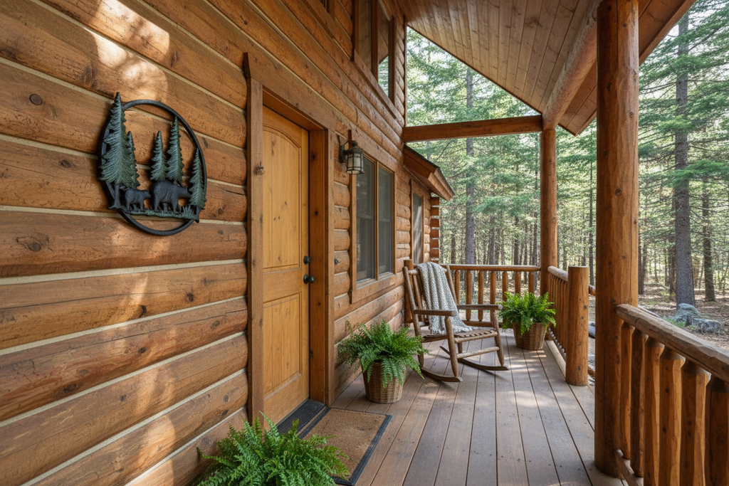 Bear family metal wall art on rustic log cabin in the woods