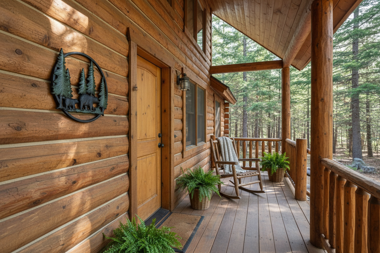 Bear family metal wall art on rustic log cabin in the woods