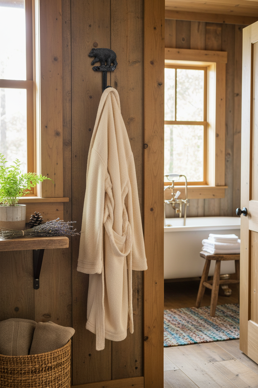 Bear hook in cabin bathroom with bathrobe