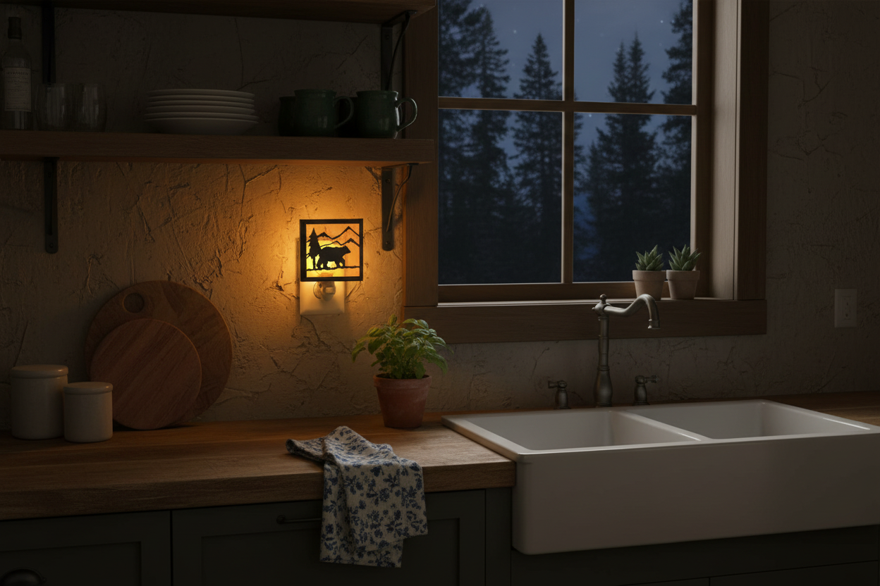 Bear nightlight in cabin kitchen at night