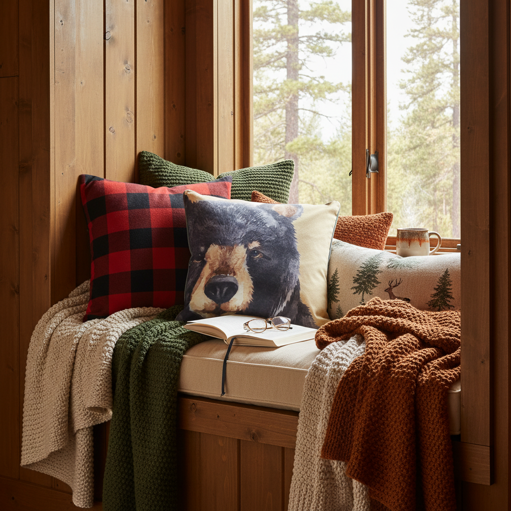 Bear pillow snuggled in window seat