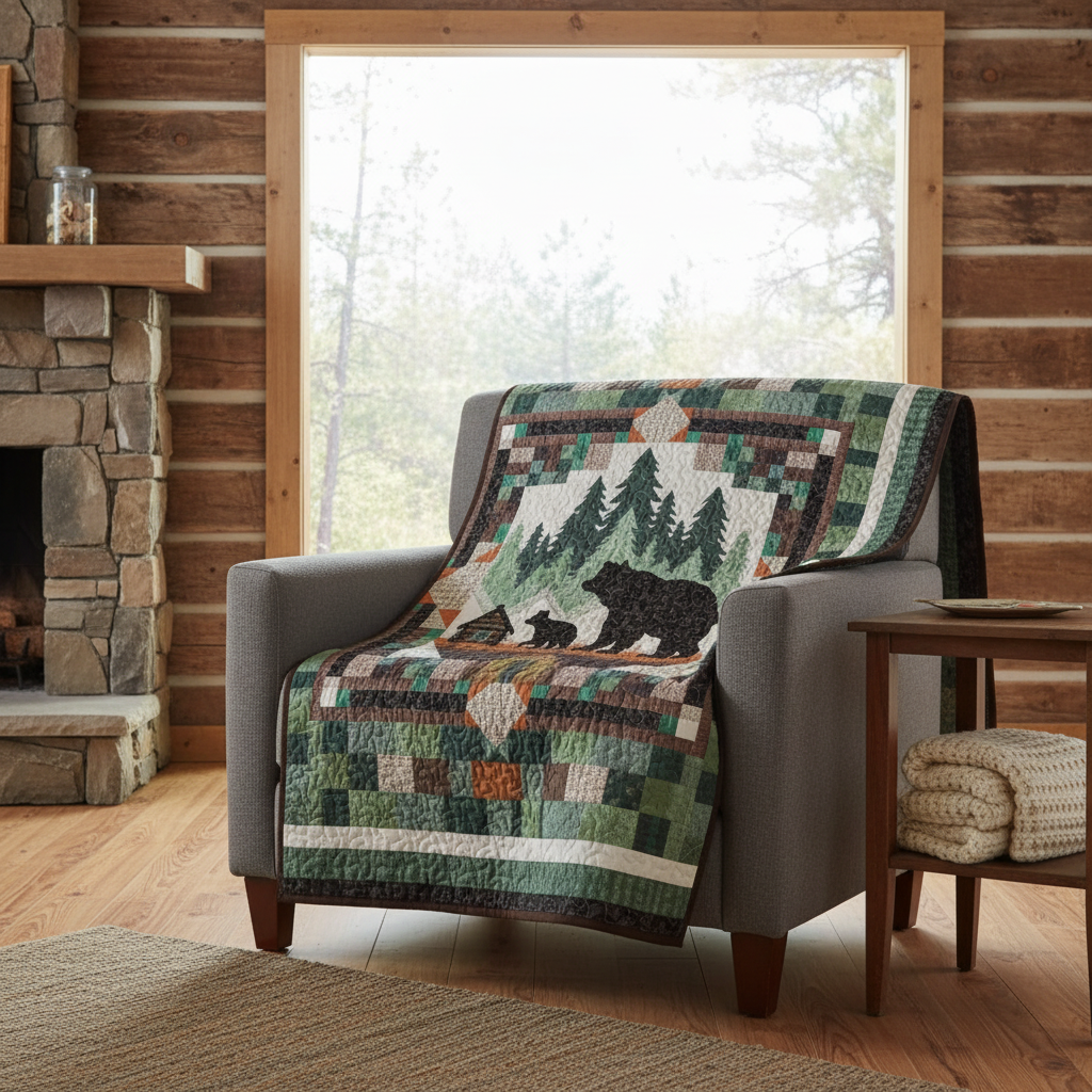 Bear quilt showcase in log cabin