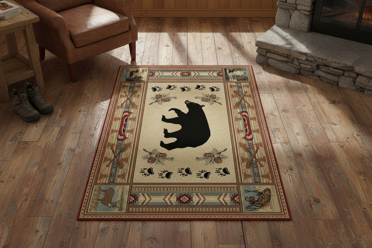 Bear rug facing camera in cabin