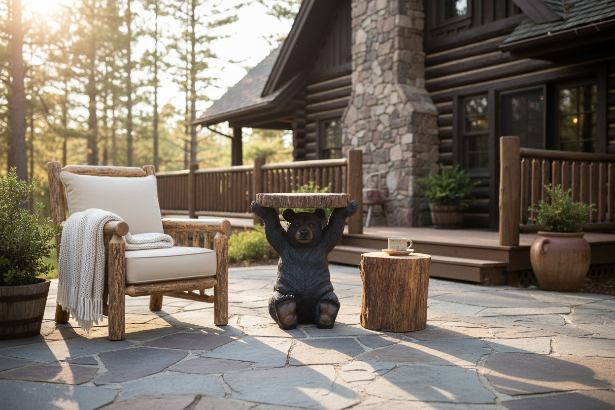 Bear statue in rustic cabin backyard lifestyle setting