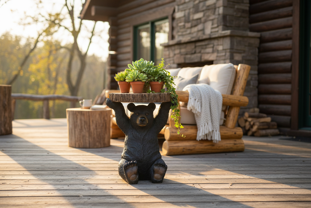 Bear statue with plants in rustic cabin backyard
