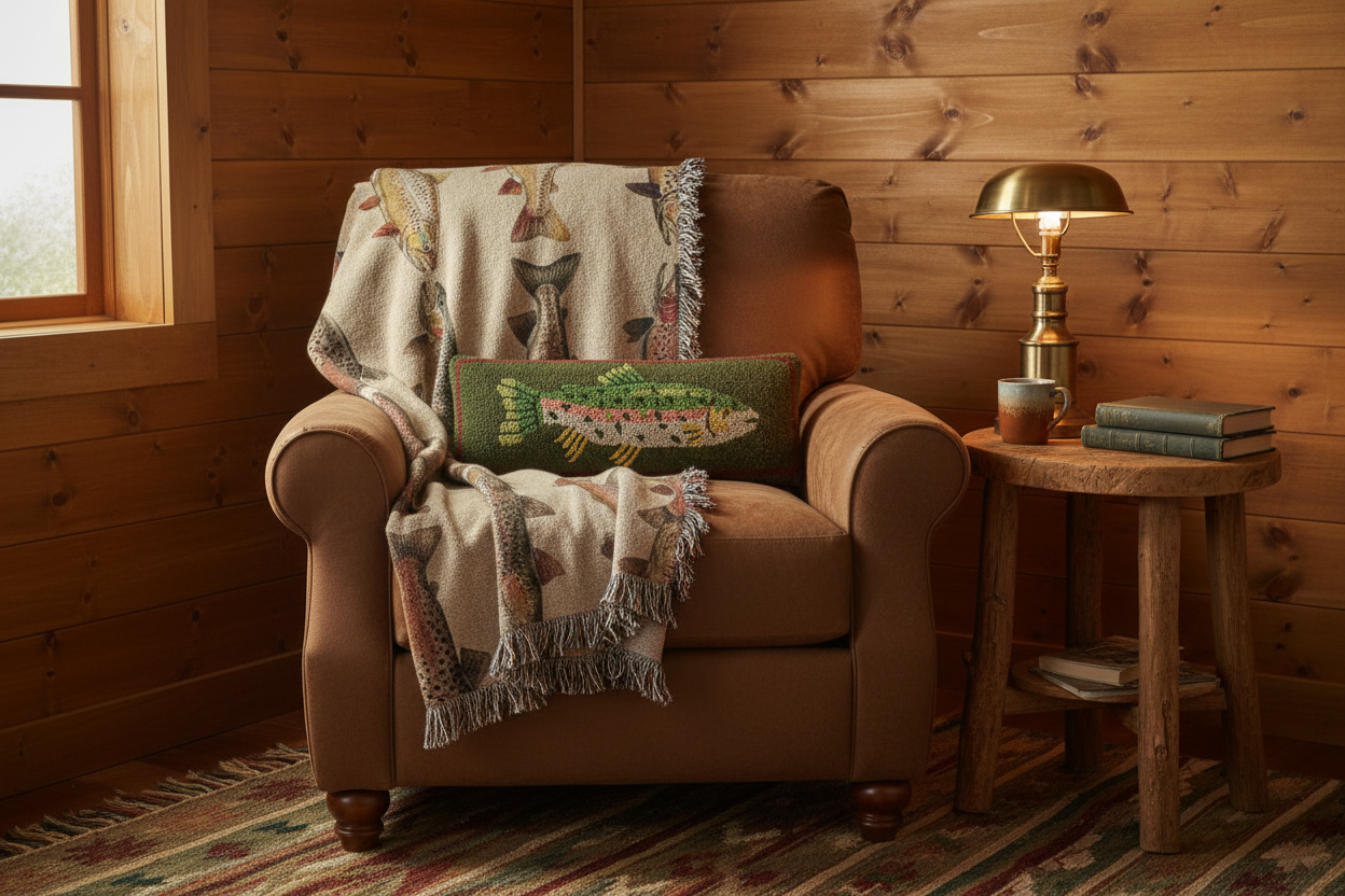 Brown armchair with trout pillow and throw