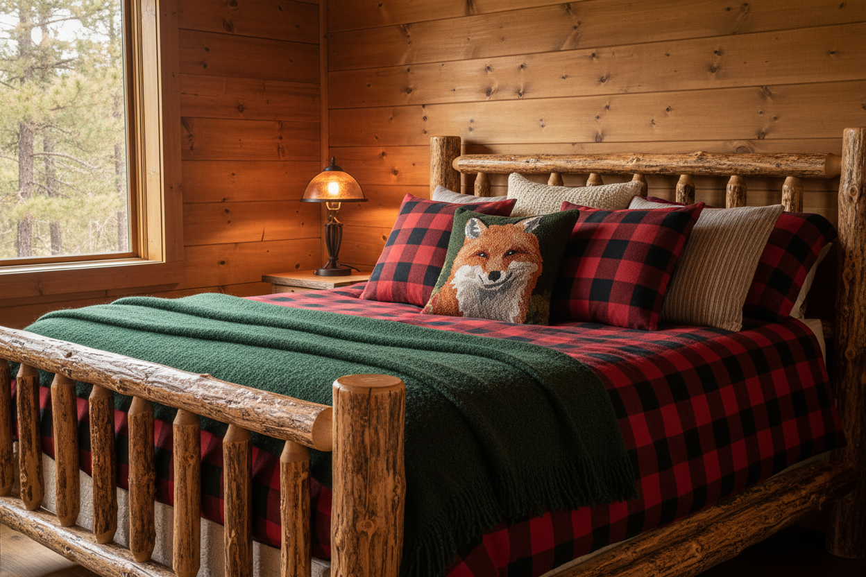 Cabin bedroom with fox pillow facing forward