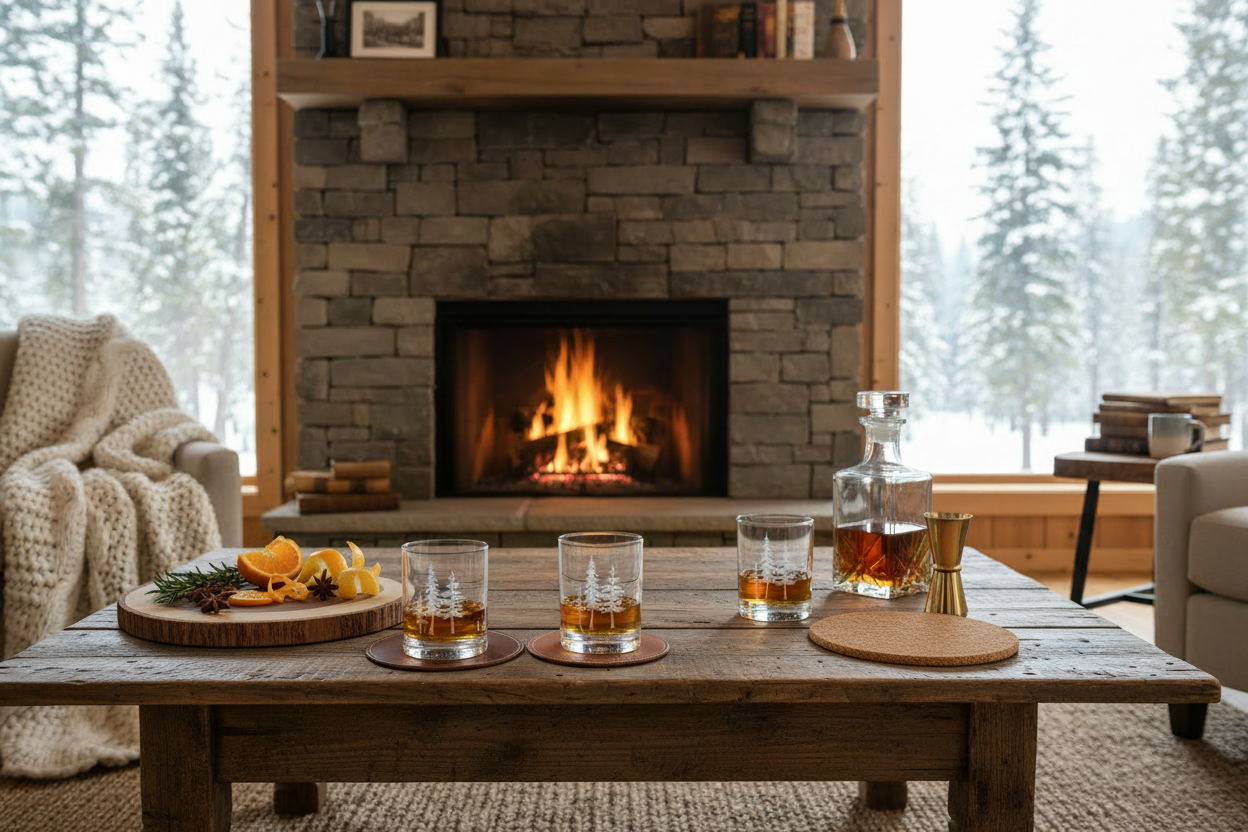 Cabin cocktail scene with glasses on coasters