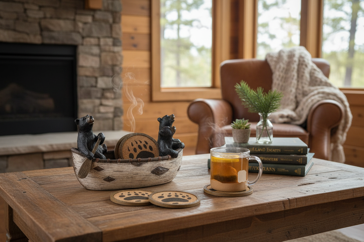 Cabin coffee table scene with birch bark canoe and bear paw coasters
