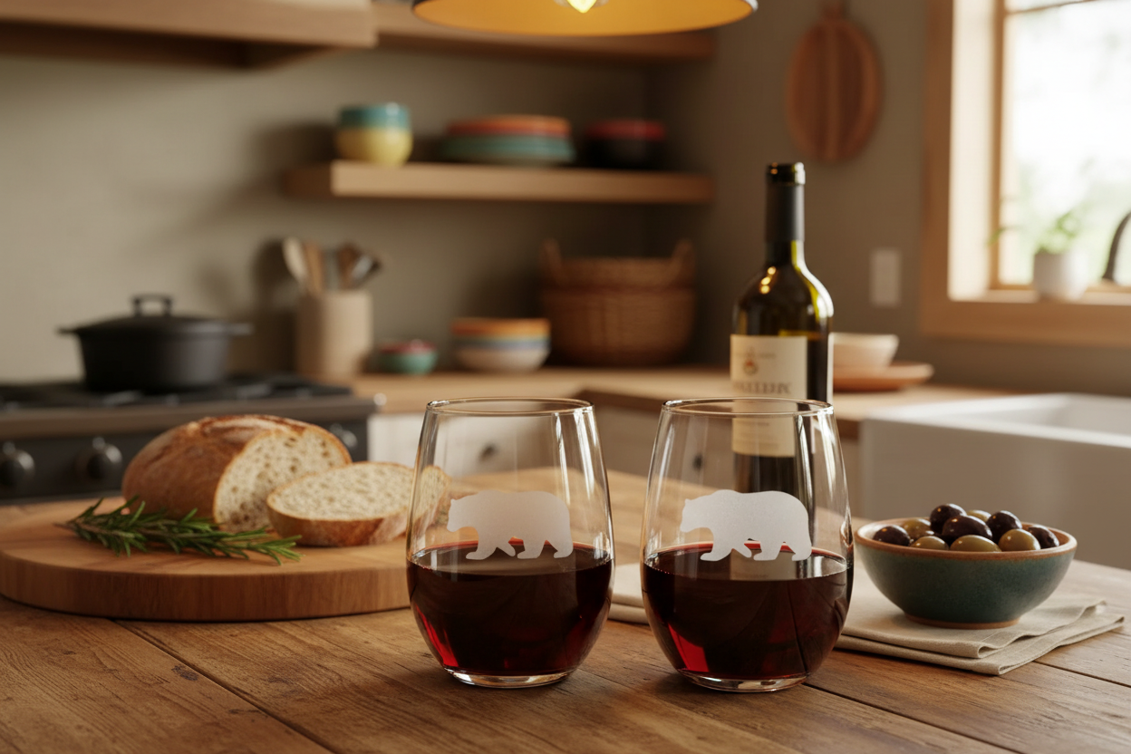 Cabin kitchen scene with bear stemless wine glasses