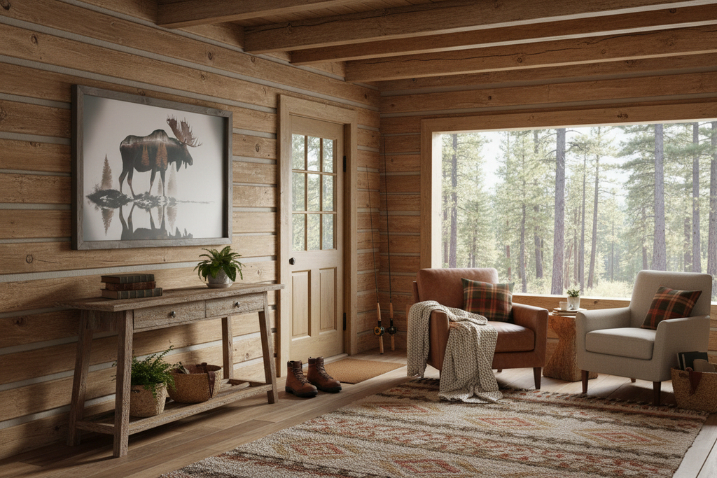 Cabin scene with moose and bear art on different walls