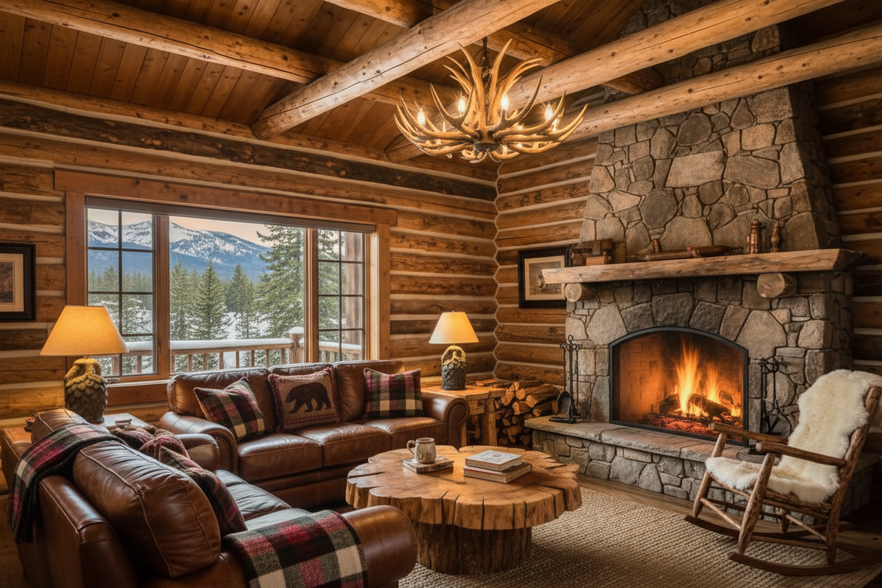 Cabin with bear and pinecone pillows