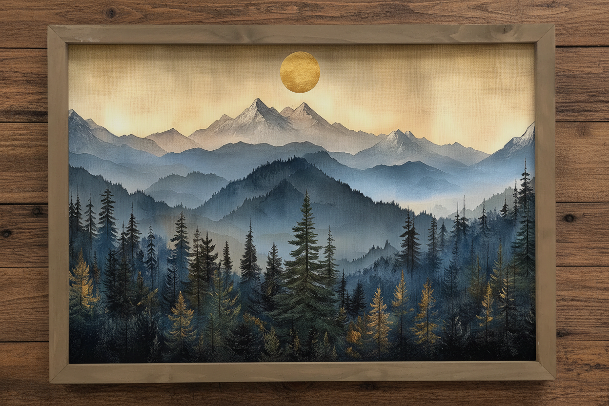 Close-up of mountain landscape art on rustic wood