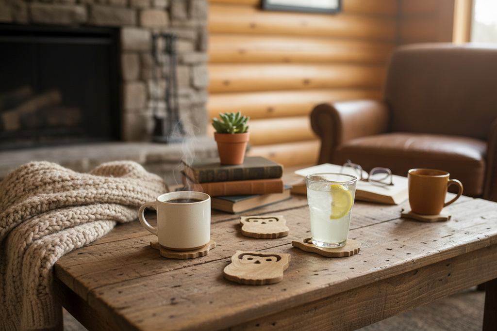 Close-up of owl wood coasters on cabin coffee table