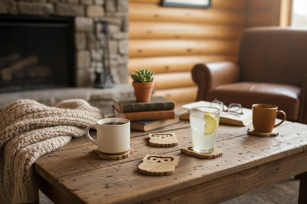 Close-up of owl wood coasters on cabin coffee table