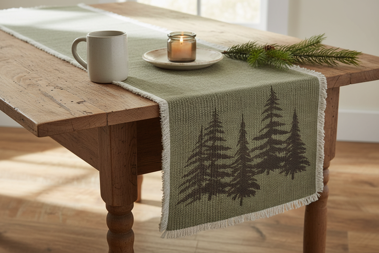 Close-up of tree table runner on cabin table