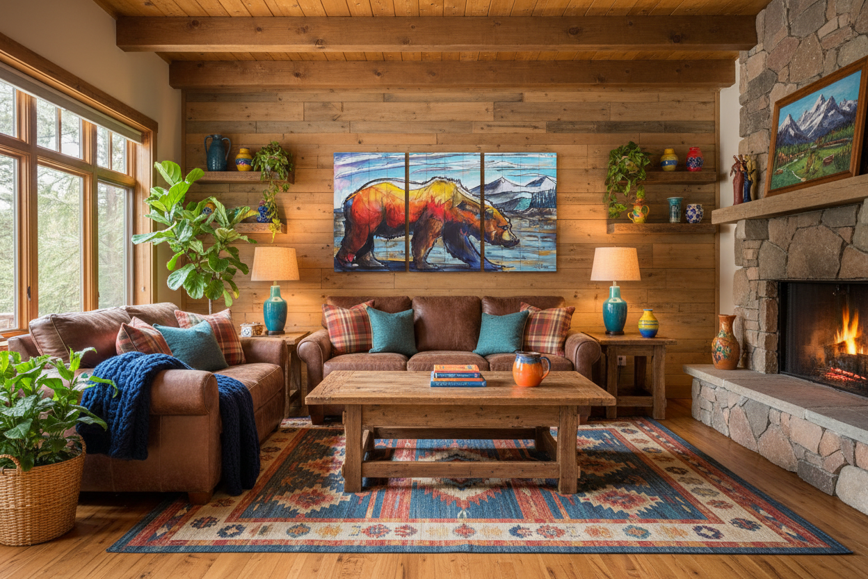 Colorful bear triptych cabin living room scene