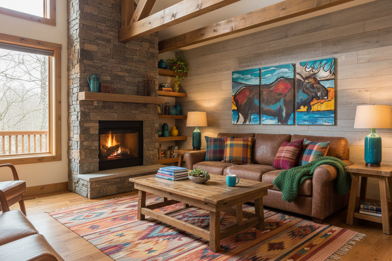 Colorful moose triptych cabin living room scene