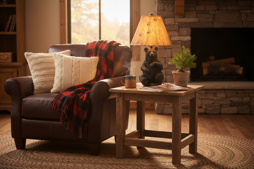 Cozy cabin lifestyle image with bear lamp