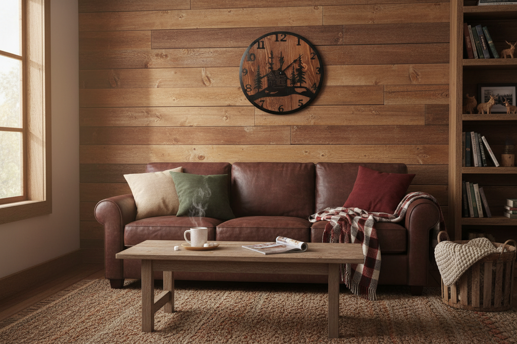 Cozy cabin lifestyle image with cabin clock - no boots