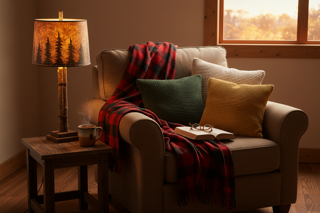 Cozy cabin lifestyle image with pine tree lamp