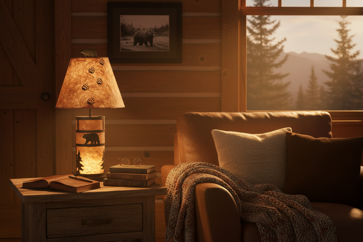 Cozy cabin lifestyle with bear lamp - no coffee