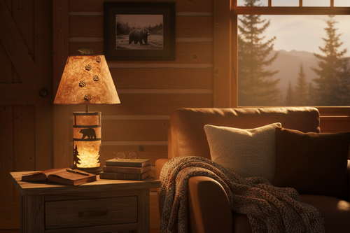 Cozy cabin lifestyle with bear lamp - no coffee