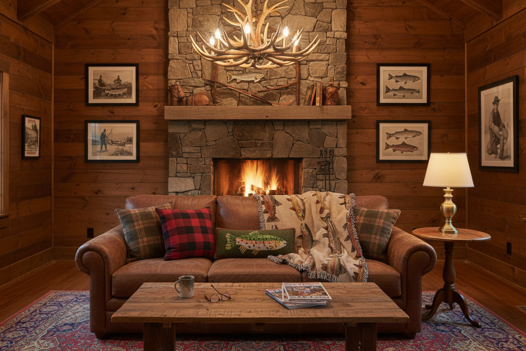 Cozy den with naturally draped trout throw