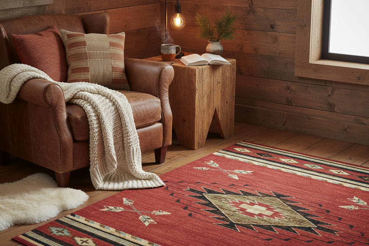Cozy intimate cabin corner with Southwestern rug
